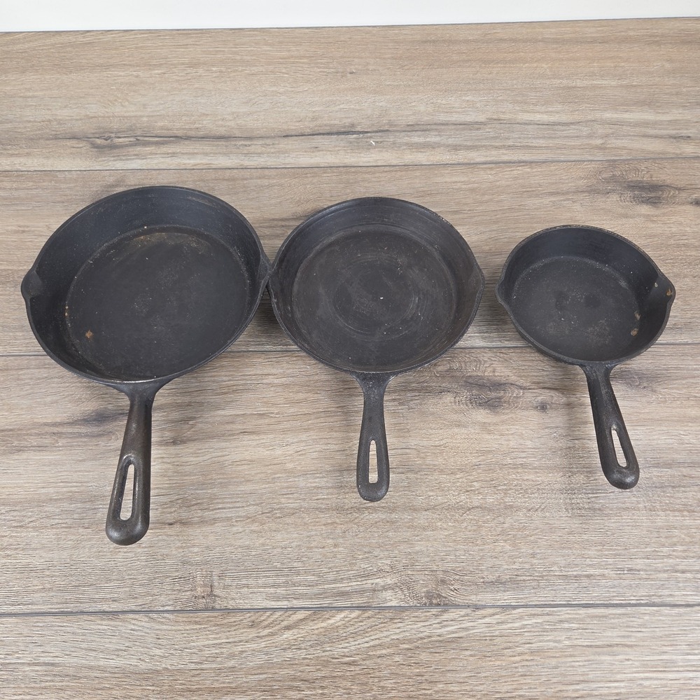 Lot Of 3 Vtg Unmarked Cast Iron Skillets 6in 8in & 8.75in - One Made in Taiwan